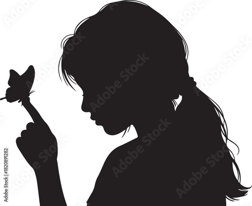 a young girl holding a butterfly on her finger, soft and peaceful pose, vector on white background, ideal for gentle self-expression and healing concepts