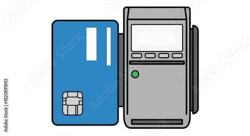 Blue credit card inserted into a payment terminal, symbolizing electronic payments, financial transactions, and modern banking technology. Simple vector illustration on white.