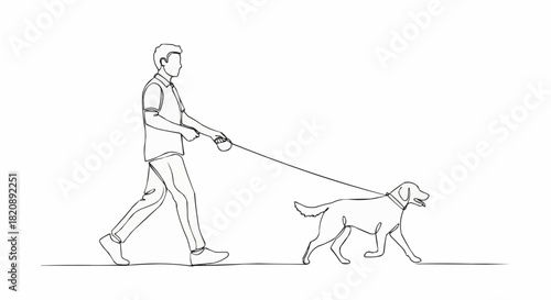 Man walking dog on leash enjoying outdoor activity together.