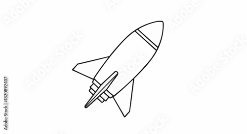 Hand drawn rocket ship line art illustration on white background.