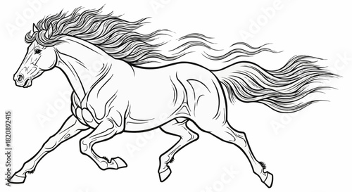 Majestic Horse Galloping with Flowing Mane and Tail in Detailed Line Art.