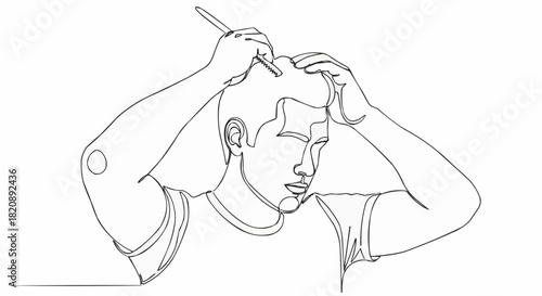 Man Combing Hair in a Continuous Line Drawing Style.