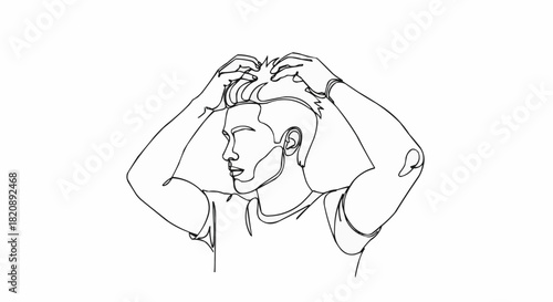 Minimalist one line drawing of a man styling his hair.