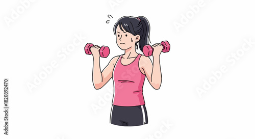Young Woman Struggling with Dumbbell Workout, Feeling Tired and Exhausted During Exercise.