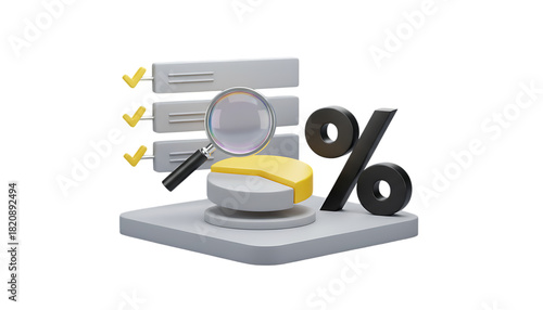 3d illustration of a pie chart with a checklist and percentage symbols representing financial analysis and business growth concepts