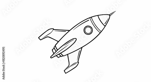 Simple black and white illustration of a retro rocket ship ready for space travel.