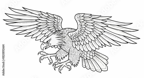 Fierce attacking eagle with spread wings line art illustration.