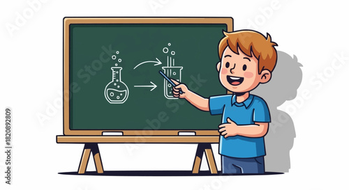 Young boy teaching science experiment on chalkboard in classroom.