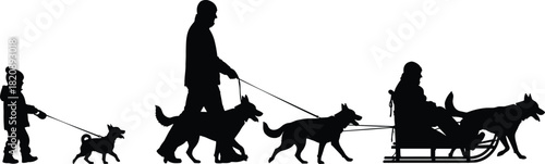 Dog walking to sled silhouette set, child to adult, black on white, pet activity, progression icon, companionship, motion, outdoor theme