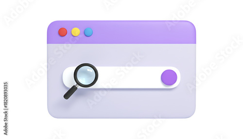 Modern 3d illustration of a stylized search bar with a magnifying glass icon on a clean pastel purple background