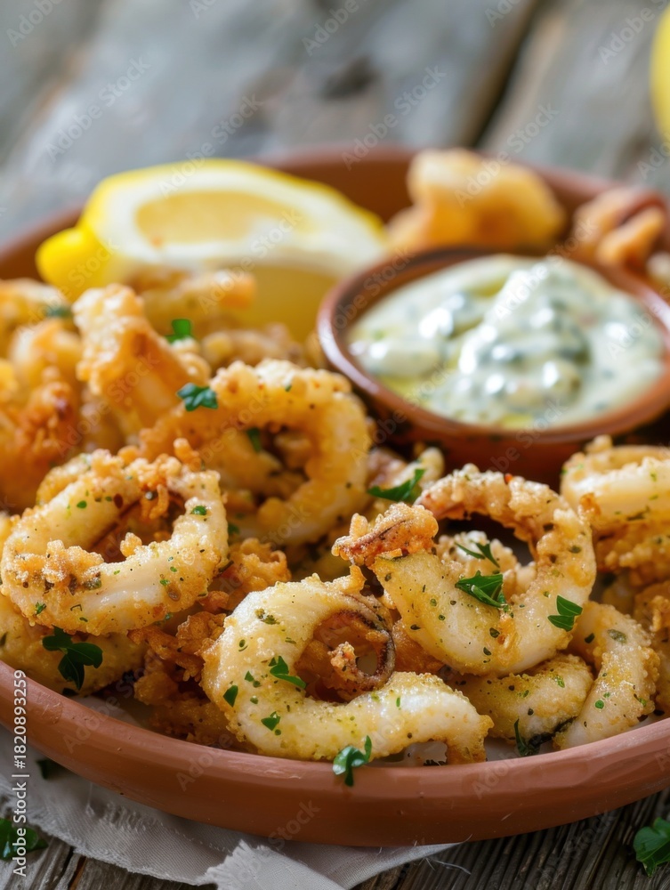 Fototapeta premium Fried squid tapas served with lemon and aioli on a rustic wooden table