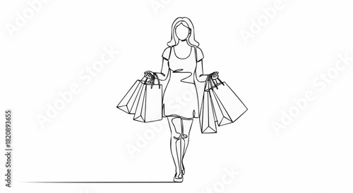 Continuous one line drawing of a woman holding many shopping bags.