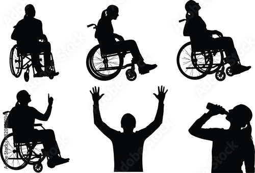 Inclusive silhouette pose set, wheelchair and standing figures, black on white, expressive gesture, mobility aid icon, diverse posture, activity