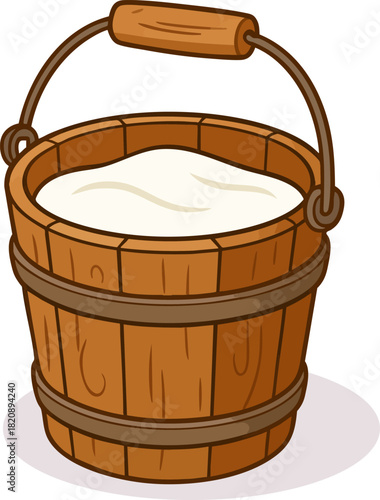 Vector illustration of fresh milk just milked in a wooden bucket.