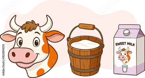 Vector illustration of fresh milk in a wooden bucket and a cow.