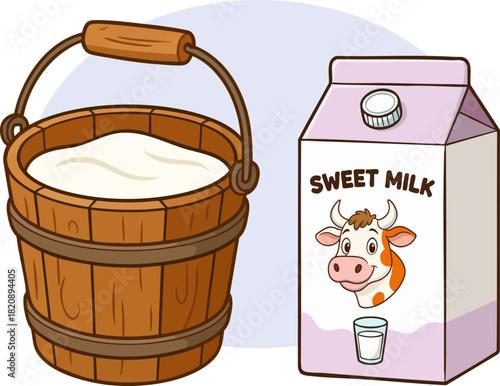 Vector illustration of fresh milk in a wooden bucket and a cow.