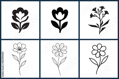 Floral Icon Pack, minimal flower marks in both filled and outline styles with leaves and stems. Versatile black‑and‑white vector icons for logos, packaging, stationery, patterns, and editorial layouts