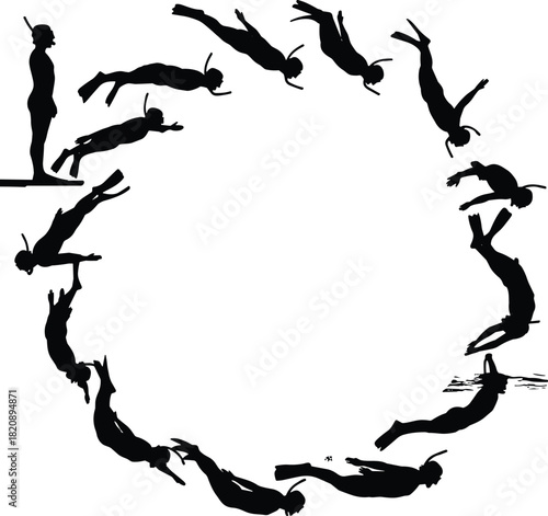 Backflip dive silhouette sequence, circular motion, platform to water, black on white, athletic icon, dynamic posture, diving technique