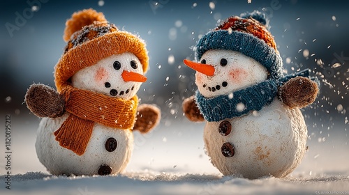 Playful snowmen in winter wonderland enjoying a snowy day under soft sunlight