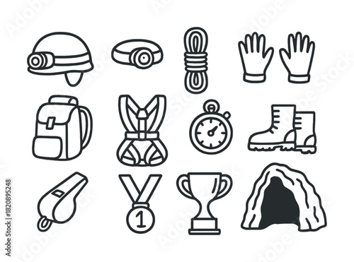 Vector Climbing gear and equipment collection in black and white line art
