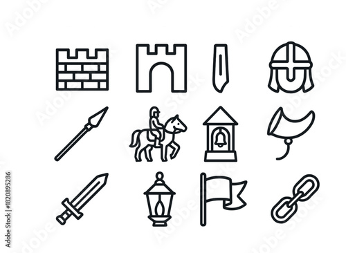 Vector Medieval outline icons: castle, knight, sword, shield, and more