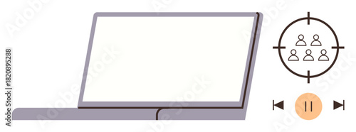 Open laptop with user icons inside a targeting crosshair and playback control buttons on the side. Ideal for digital marketing, user engagement, audience focus, analytics, technology, media strategy