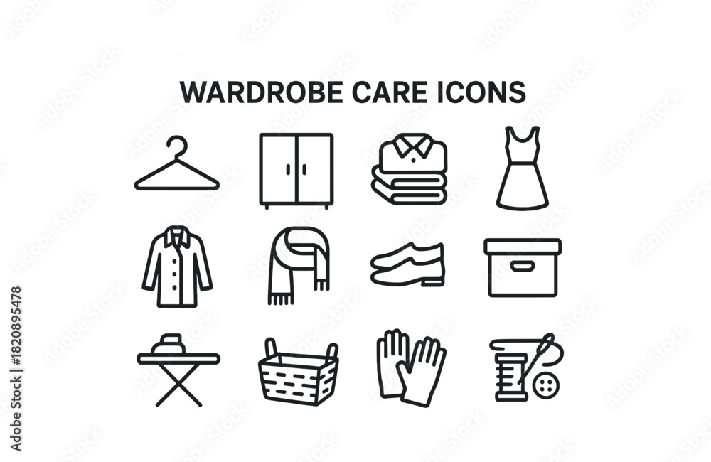 Fototapeta premium Vector Wardrobe care icon set: clothing, storage, and maintenance essentials