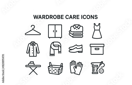 Vector Wardrobe care icon set: clothing, storage, and maintenance essentials