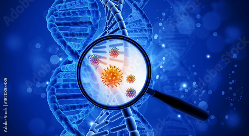A magnifying glass focuses on a DNA strand and virus. DNA strand with magnifying glass. 3d illustration