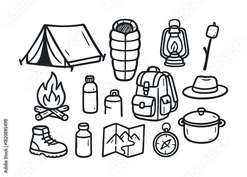Vector Hand-drawn camping essentials: tent, backpack, lantern, sleeping bag, and more