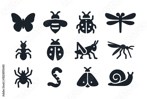 Vector Silhouette icons of insects: butterfly, bee, dragonfly, ant, beetle, spider, mosquito, snail