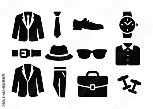 Vector Stylish men's fashion icons: suit, tie, shoes, watch, accessories