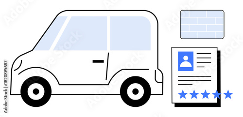 Compact car design alongside a profile document with star ratings, emphasizing customer feedback, vehicle reviews, and ratings. Ideal for automotive services, car rentals, e-commerce, user feedback