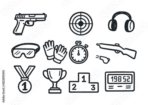 Vector Shooting range equipment: gun, target, headphones, goggles, gloves, stopwatch, rifle, whistle, medal, trophy, podium, scoreboard