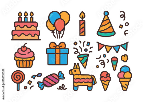 Vector Colorful birthday party elements with cake, balloons, and party hat
