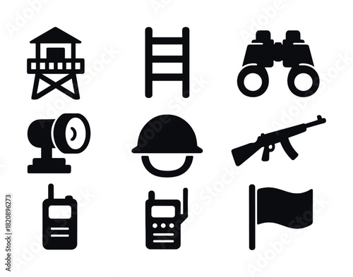 Vector Military icon set: watchtower, ladder, binoculars, spotlight, helmet, rifle, radios, flag