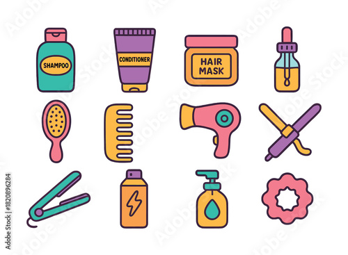 Vector Colorful hair care icons set: shampoo, conditioner, hair mask, hair dryer, comb