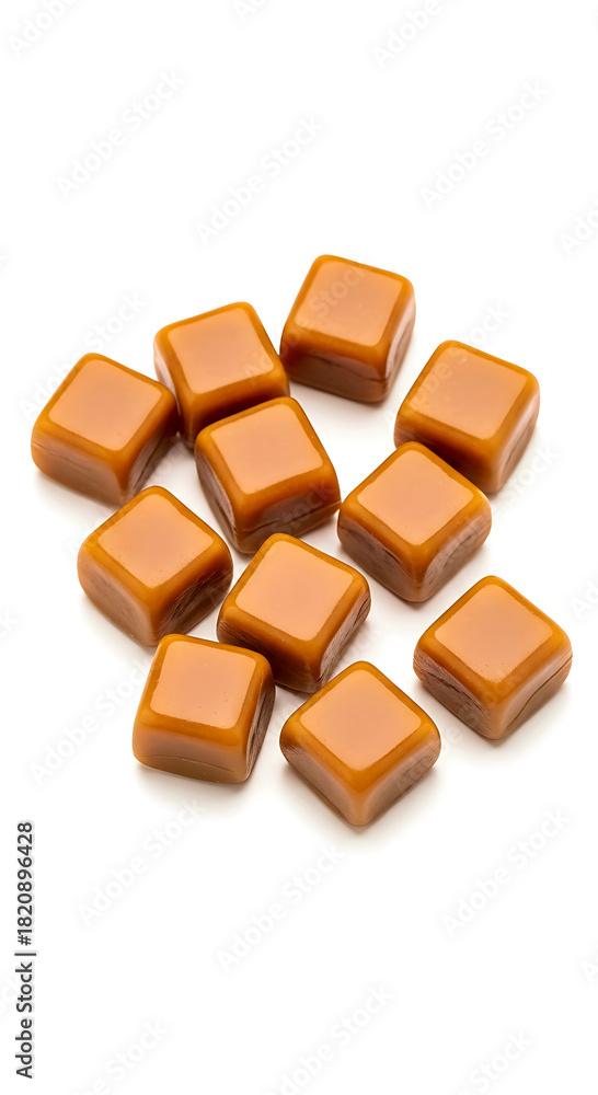 Fototapeta premium Pile of Unwrapped Caramel Candy Isolated Sweet Treat Dessert