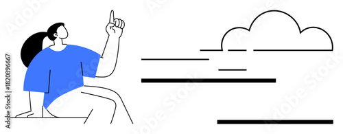 Woman in casual outfit points upward while sitting, with a cloud and linear motion elements. Ideal for inspiration, creativity, vision, sky, imagination, motivation positivity. Clean and simple flat