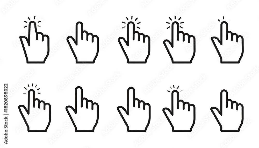 Fototapeta premium A collection of black cursor hand icons indicating interaction, with a ray burst effect on the fingertips