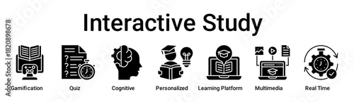 Interactive Study banner web icon vector illustration concept for education with icon of Gamification, Quiz, Cognitive, Personalized, Learning Platform, Multimedia, Real.