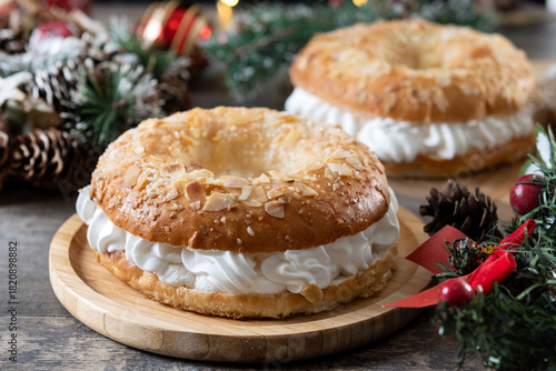 Traditional Spanish Roscón de Reyes with christmas decoration