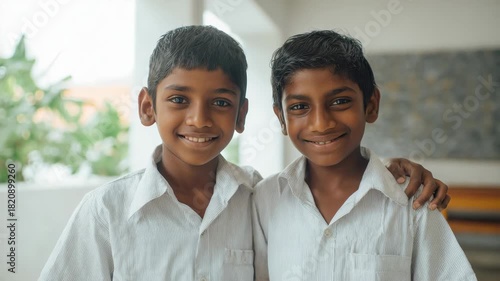 Indian teenager boys smiling on camera outdoor - Family, male children and school students concept - Models by AI generative