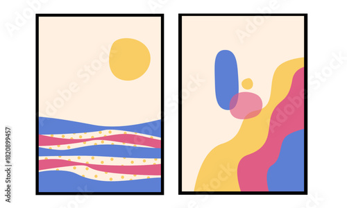Set of two landscape colorful wall art vector. 