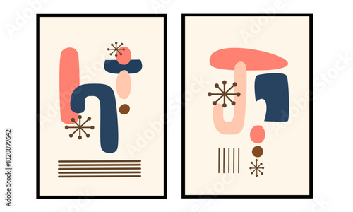 Set of two pink abstract mid century modern wall art. Minimalist wall print for scandinavian home.
