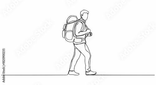 Adventurous hiker with backpack walking on a trail, exploring nature.