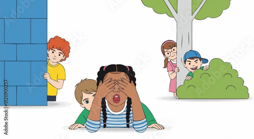 Children Playing Hide-and-Seek in a Park Illustration.