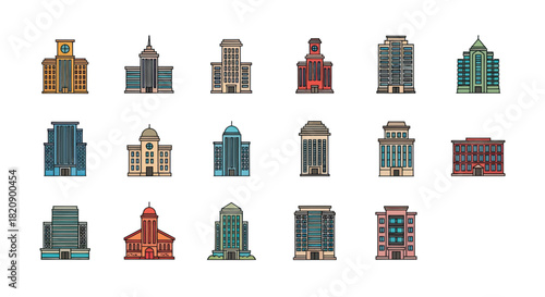 Collection of stylized buildings illustrations vector graphics isolated