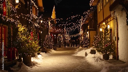 Festive Christmas Market Street Scene at Night with Snow and Holiday Lights