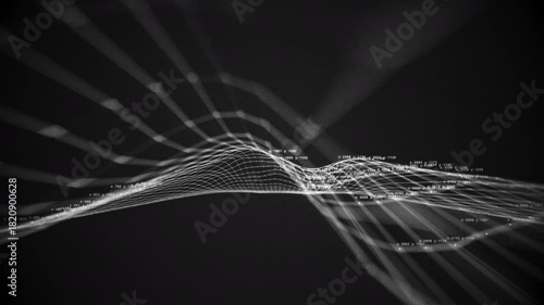 3D data grid animation with coordinate overlays and tracking lines, abstract black and white visualization for AI, scanning, and recognition systems